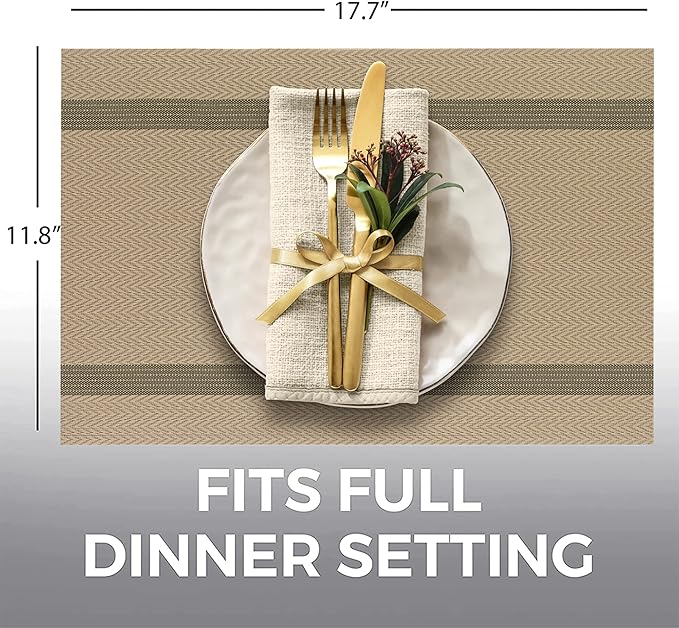 More Décor Dining Table Placemats, Washable Heat-Resistant PVC Vinyl Table Mats for Dining Room and Kitchen, Anti-Slip - Set of 4 - Khaki