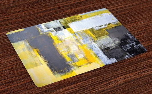 Ambesonne Yellow and Grey Place Mats Set of 4, Abstract Art Painting Design Modern Composition Brush Marks Pattern, Washable Fabric Placemats for Dining Table, Standard Size, Yellow Grey