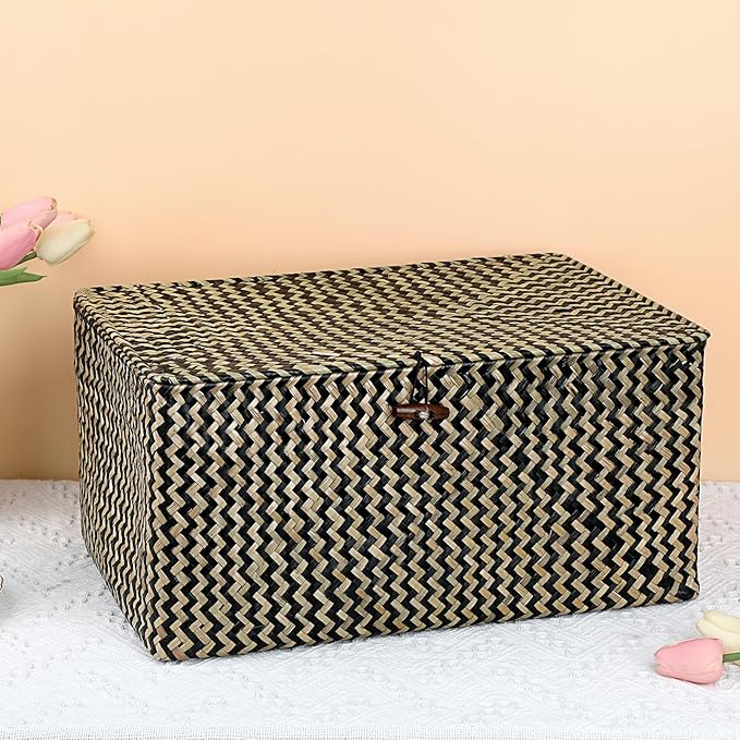 Hipiwe Wicker Shelf Baskets Bin with Lid, Handwoven Seagrass Basket Storage Bins Rectangular Household Basket Boxes for Shelf Wardrobe Home Organizer, Black,X-Large