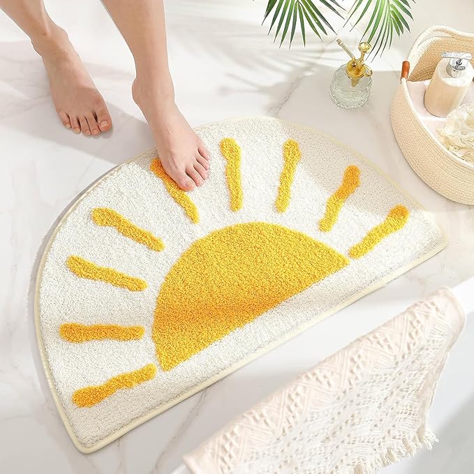 Bathroom Rugs Mat Half Circle - 35"x22" Large Cute Sun White Yellow Boho Bath Mats Non Slip, Soft Absorbent Microfiber Bohemian Rug, Semi Round Machine Washable Rubber Rugs for Floor Bedroom Bathmat