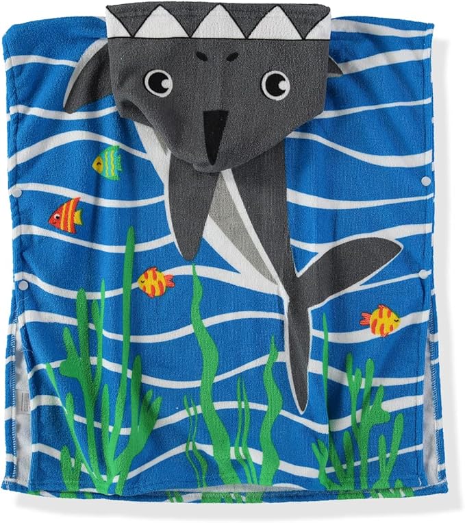 Boys and Girls Absorbent Hooded Beach Towel Pullover Character Microfiber Bath Towel with Side Snaps (Shark, 2-3T)