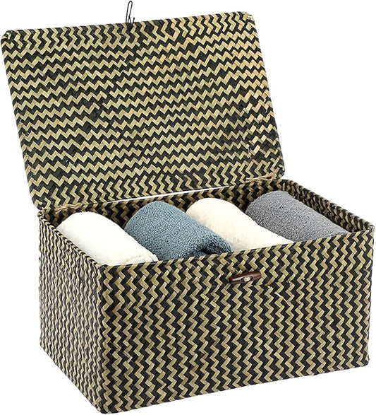 Hipiwe Wicker Shelf Baskets Bin with Lid, Handwoven Seagrass Basket Storage Bins Rectangular Household Basket Boxes for Shelf Wardrobe Home Organizer,Black,Large