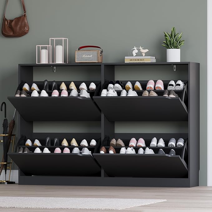 Shoe Cabinet with 4 Flip Drawers, Narrow Hidden Shoe Storage Cabinet, Slim Freestanding Shoe Rack Organizer for Entryway, Hallway, Bedroom, Living Room