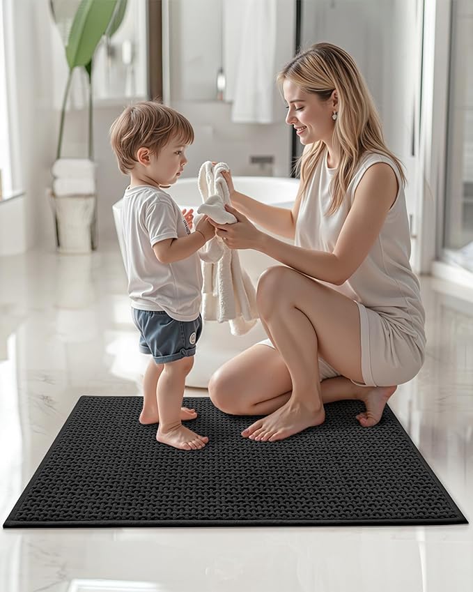 Color&Geometry Chenille Pile Large Bathroom Rugs Upgraded Denser, 24"x36" Non Slip Absorbent Black Bath Mats for Bathroom Thin Fit Under Door, Washable Quick Dry