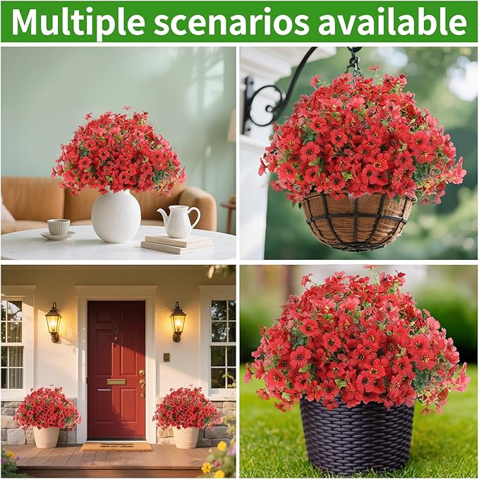 Artificial Flowers Outdoor, Faux Silk Flowers Plastic Plants for Outdoors Indoor Outside Front Porch Hanging Planter Window Box Garden Home Decoration, 14 Bundles(Red)