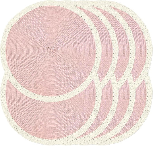 Noctiflorous Round Braided Placemats Set of 8 Table Mats 15 Inches Washable Heat Resistant for Dining Table Non-Slip Indoor Outdoor Place Mats for Easter(02 White Edge Pink 8)