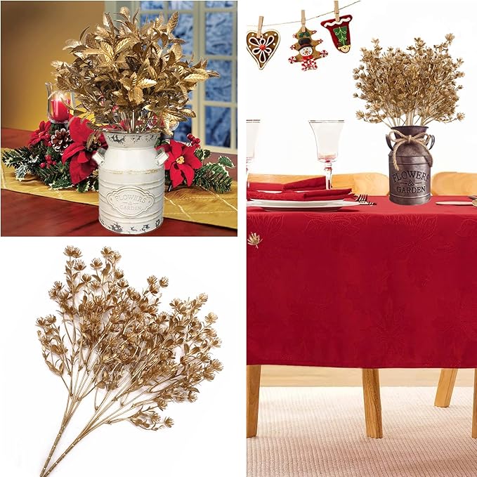 CATTREE Artificial Gold Plants for Christmas, Golden Leaves Plastic Faux Gypsophila Fake Simulation Baby Breath Flowers for Home Indoor Outdoor Wedding Decoration Hall Table Planter Filler 4 Pack