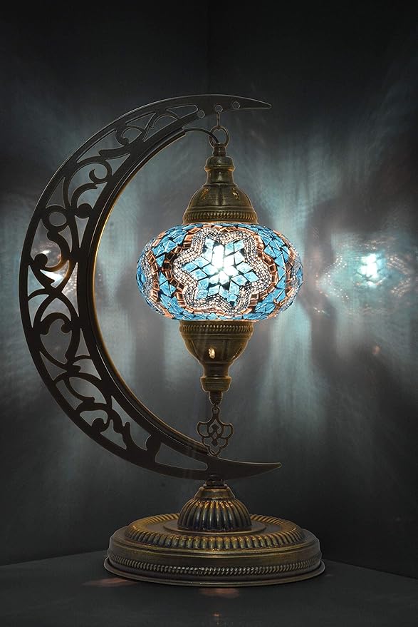 mozaist Turkish Lamp, Moon Shaped Mosaic Table Lamp, Tiffany Desk Bedside Stained Glass Lamp with US Plug and E12 Socket