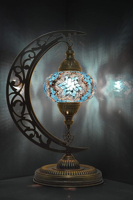mozaist Turkish Lamp, Moon Shaped Mosaic Table Lamp, Tiffany Desk Bedside Stained Glass Lamp with US Plug and E12 Socket