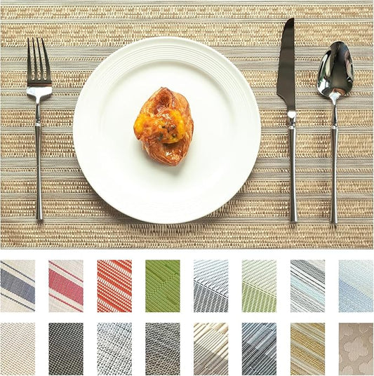 Placemats Set of 4 Vinyl/Plastic Woven Place Mats for Kitchen Table Indoor/Outdoor Washable Placemat Wipeable Dining Table Mats (Aurora Gold,4)
