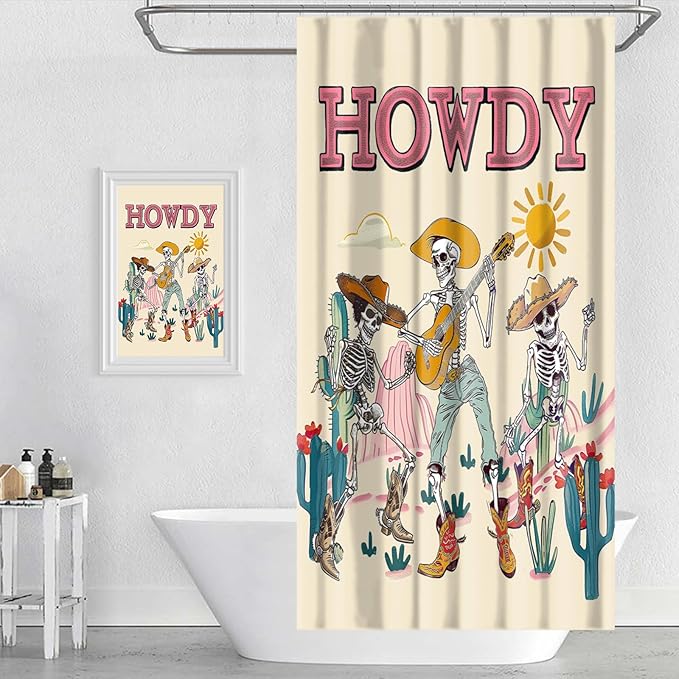 Funny Gothic Skull Shower Curtain Western Skeleton Shower Curtains for Bathroom Decor Waterproof Polyester Fabric Country Mountain Cactus Bathroom Curtain with Hooks 55x72 Inch