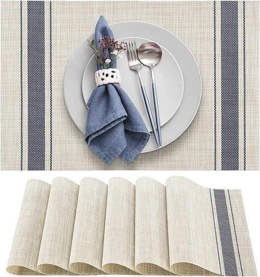 DACHUI Placemats Set of 6, Soft & Elegant Woven Vinyl Place Mats, Water Resistant, Heat Resistant, Washable, Durable Table Mats (Blue Stripes)