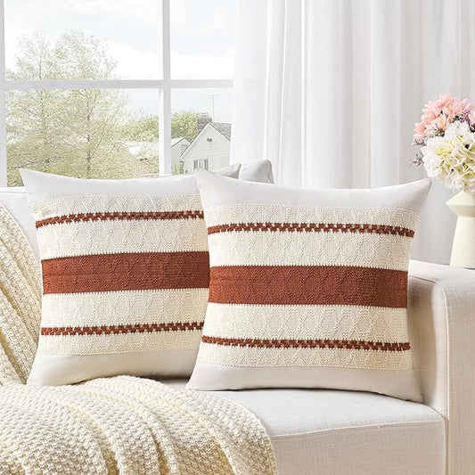 Fancy Homi Set of 2 Rust Boho Decorative Throw Pillow Covers 20x20 Inch for Couch Bed Sofa, Aesthetic Modern Organic Fall Room Decor, Soft Cotton Cute Terracotta Textured Farmhouse Cushion Case