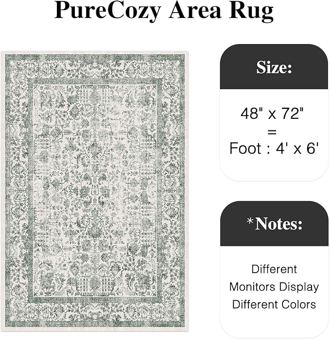 Dark Green Area Rug 4x6 Office Entryway Rug Machine Washable Kitchen Vintage Distressed Non Slip Carpet Indoor Retro Floral Accent Throw Door Mat for Bathroom Bedroom Dining Living Room
