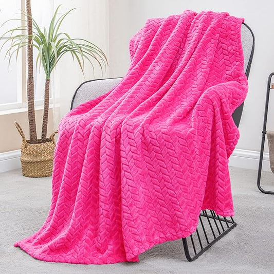 Exclusivo Mezcla Hot Pink Fleece Throw Blanket for Couch and Bed, 50x70 Inches Soft Cozy Jacquard Flannel Blankets, Lightweight Fuzzy Plush Warm Throws for All Seasons
