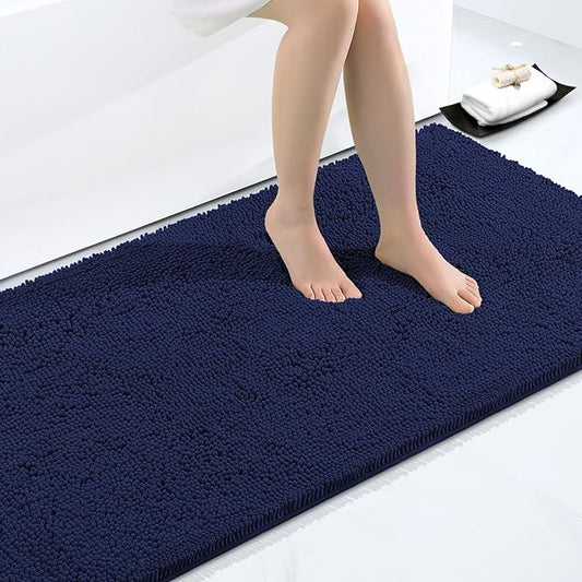 Smiry Luxury Chenille Bathroom Rugs 44x24, Extra Soft and Absorbent Shaggy Bath Mat, Machine Washable, Non-Slip Plush Carpet Runner for Tub, Shower, and Floor, Home Decor Accessories, Navy Blue