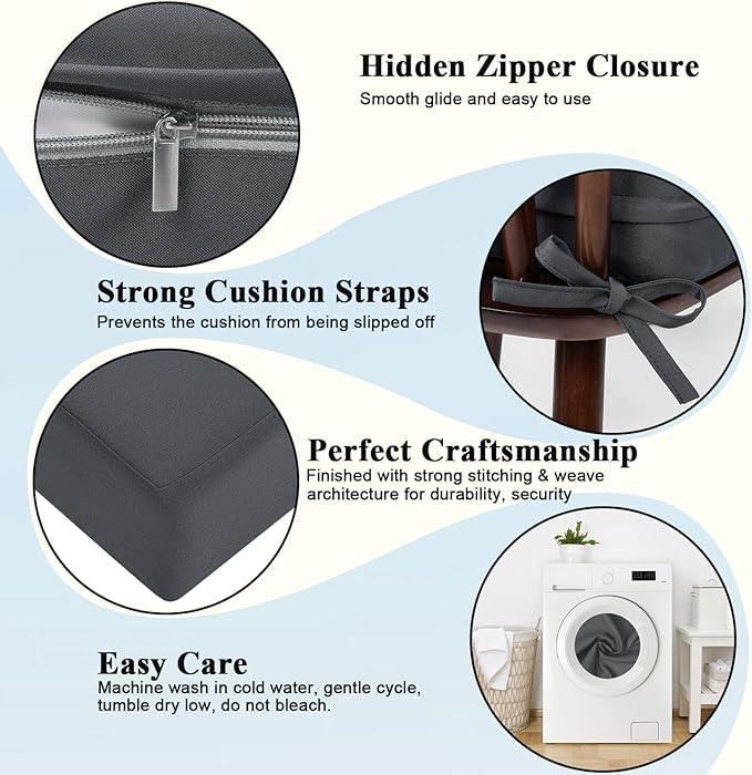 Topotdor Patio Chair Cushions Set of 2,Waterproof Outdoor Chair Cushions with Fade Resistant Removable Cover with Adjustable Straps for Patio Furniture Garden Sofa Couch,17.6"x16"x3" Gray