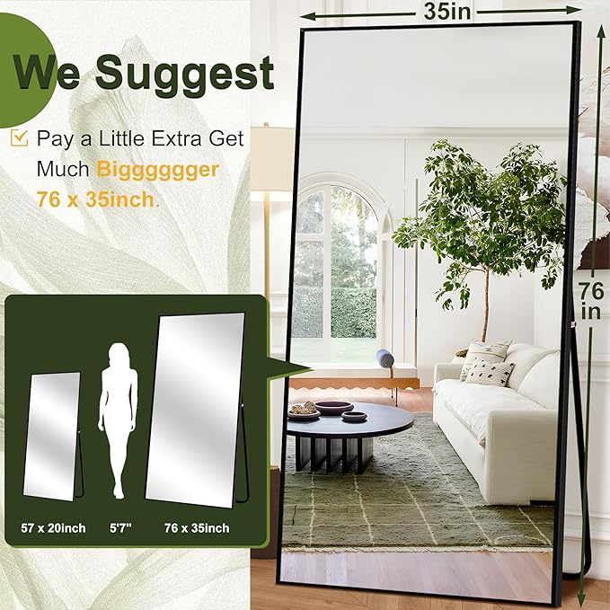NicBex Oversized Full-Body Mirror, Large Full Length Mirror with Stand, 76"x35" Aluminum Alloy Frame Oversized Floor Mirror, Black - Free Standing, Leaning Against Wall or Wall-Mounted