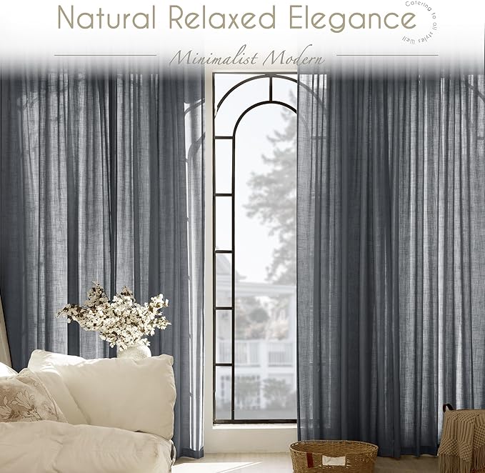 Dark Gray Curtains for Living Room Back Tab Modern Farmhouse Semi Sheer Gray Curtains 96 inches Long 2 Panels Set Muted Neutral Window Curtain for Dining Room Bedroom 52x96