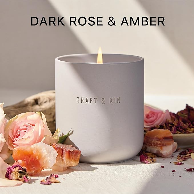 Craft & Kin Scented Candles - Dark Rose & Amber | 10oz Soy Blend with Cotton Wick | Long-Lasting Fall Candles, 40-Hour Burn | Ceramic Jar, Perfect Fall & Winter Home Scent