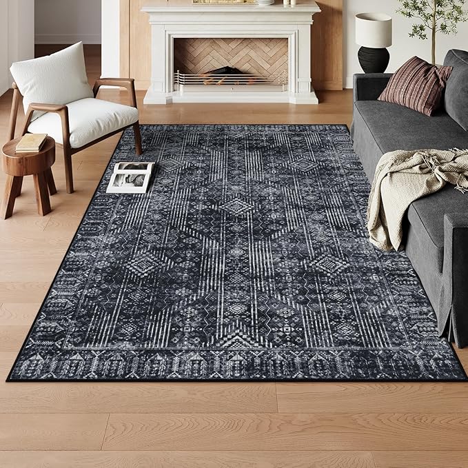 Lahome Black Abstract Rugs for Living Room 5x7, Machine Washable Morden Black Carpet Rug for Bedroom, Neutral Solid Soft Home Office Rugs for Dining Room Apartment