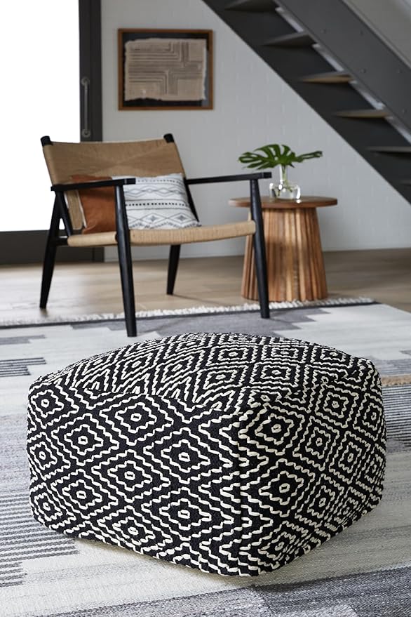 Signature Design by Ashley Jasett Casual Handwoven Geometric Pouf, Black & White