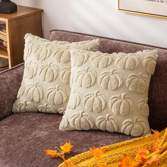 Beige Pumpkin Fall Decorative Throw Pillow Covers 18"x18", Set of 2 Soft Faux Fur Pillow Covers for Autumn Harvest, Fluffy Plush Accent Pillow Cases for Farmhouse Couch Cushion Covers