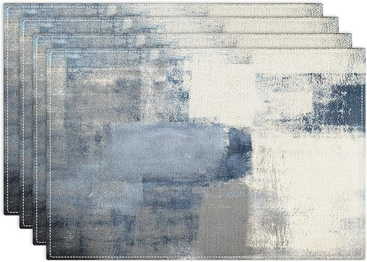 Emvency Farmhouse Placemats Set of 4, Vintage Blue and Grey Abstract Art Painting 12x18 Inch Table Mats for Outdoor Home Party Kitchen Dining Decoration