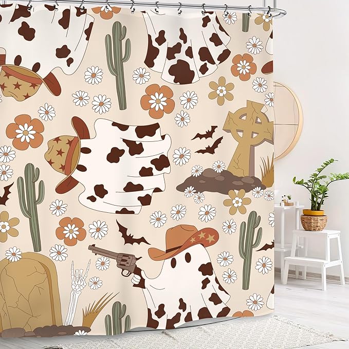 Halloween Ghost Cowboy Shower Curtain 60Wx72L Inch Horror 70s Retro Groovy Western Hippie Funky Trendy Funny Holiday Bathroom Set Accessories Decor with 12 Pack Hooks