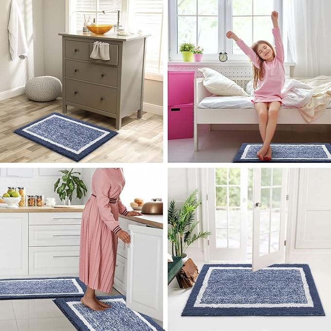 CozeCube Bath mats for Bathroom Non Slip, Fluffy Shaggy Bath Rugs for Bathroom Washable, Extra Soft and Absorbent Microfiber Bath Rugs for Shower Sink, Kitchen Sink, Navy Blue, 16" x 24"