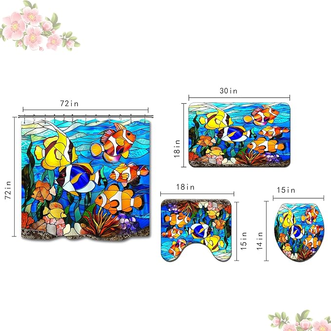 4PCS Fish Shower Curtain Set with 12 Hooks for Bathroom Sets Fish Decor, Non-Slip Rugs and Toilet Mat Lid Rug, Durable Waterproof for Bathroom Stained Glass Fish Decor 72x72 Inch