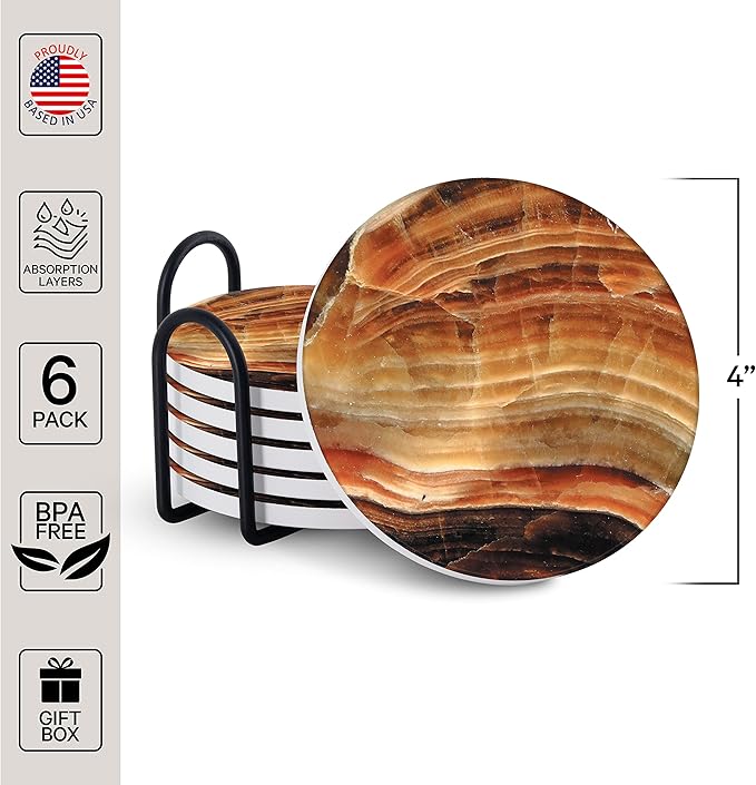 Emerson Essentials Coasters for Drinks Absorbent with Holder, Set of 6, Cork Bottom Ceramic Stone Modern Marble Style for Wooden Coffee Bar Tables, Glass Tabletop Non Slip, Housewarming