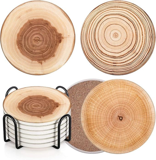 Britimes Coaster for Drinks Set of 6, Wood Grain Absorbent Round Ceramic Stone Mat, with Cork Base and Metal Holder, Gift for Housewarming Room Bar Decor