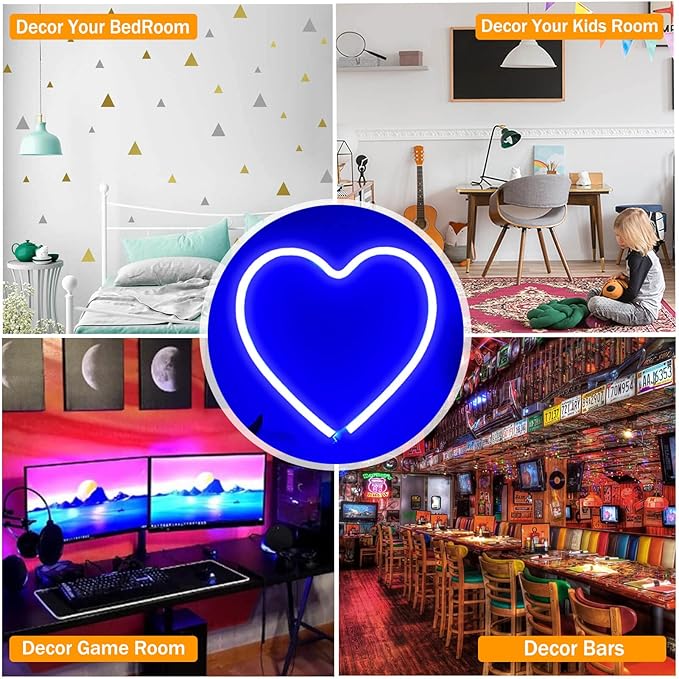 Heart Shaped Lights Blue Heart Neon Light Valentine Heart Lights, Heart Lights Plug in Valentines Led Lights, Hanging Heart Sign Heart Window Light, USB/Battery Operated Heart Lights(Blue)