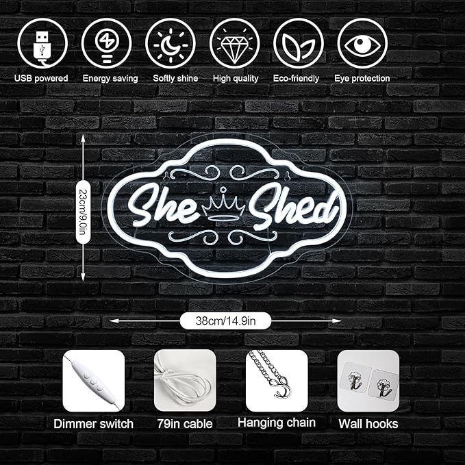She Shed Neon Sign Vibrant LED Wall Decor girl neon sign for home Sheds, Home Offices, or Personal Spaces, USB-Powered Adjustable Brightness, Fun & Art Decoration for women