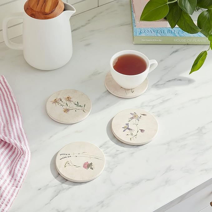 Pressed Flowers Drink Coasters, Absorbent Self Drying Absorbent Coasters for Hot or Cold Drinks Neutral Décor