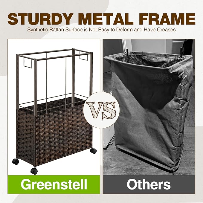 Greenstell Laundry Hamper with Wheels & Handles, 26.4 Gallon (100L) Slim Laundry Basket with 2 Removable Liner Bags & 2 Mesh Bags, Foldable Narrow Clothes Hamper for Bedroom, Bathroom, Closet, Brown