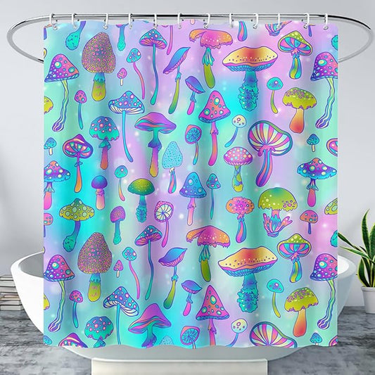 AILONEN Mushroom Shower Curtain for Bathroom,Blue Purple Mushroom Bath Curtain,Cute Cartoon Magic Fungus Decor Bathroom Curtain with 12 Plastic Hooks, 36" W x 72" H