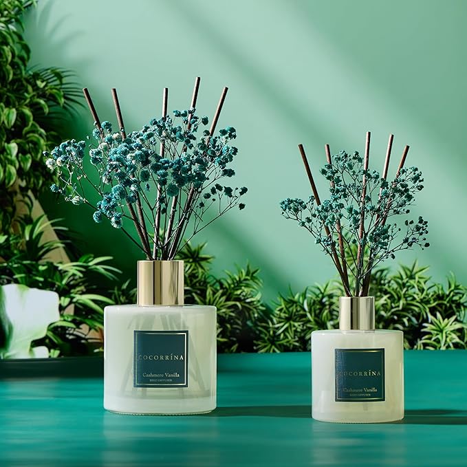 COCORRÍNA Reed Diffuser - Cashmere Vanilla 17 Fl.oz Reed Diffuser with 8 Sticks Scented Diffuser with Preserved Flowers for Bathroom Home Decor