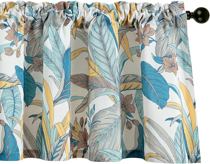 Leeva Leaves Printing Valances for Living Room, 1 Pack Farmhouse Style Small Curtains for Windows 18 Inch Length, Rod Pocket, Lake Blue, 52 x 18