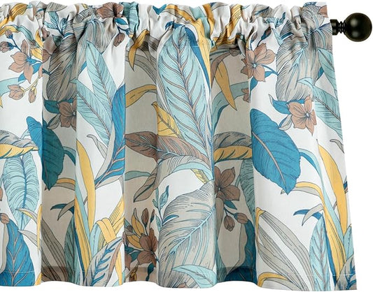 Leeva Leaves Printing Valances for Living Room, 1 Pack Farmhouse Style Small Curtains for Windows 18 Inch Length, Rod Pocket, Lake Blue, 52 x 18