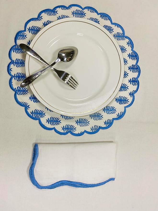 Ridhi Cerulean Blue Bo-ho Round Place Mat Double Layer Floral Cotton Washable Placemats 15" Round Embroidery Block Print Table Mat Pack of 4-15 Inch Round