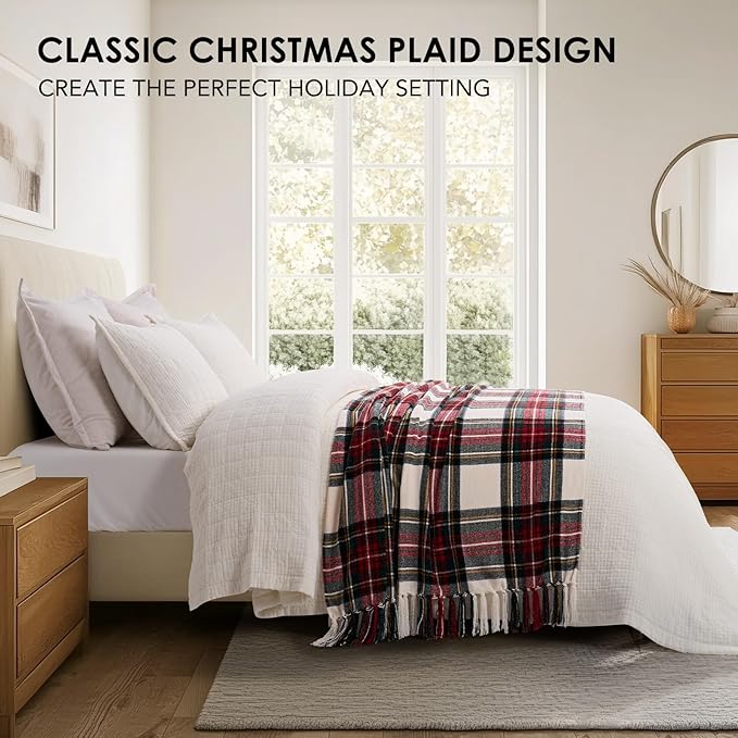 EVERGRACE Stewart Christmas Plaid Chenille Throw Blanket for Couch, Super Soft Cozy Tartan Checkered Throw Blanket with Tassels, Lightweight Plush Chenille Knit Throw for Christmas Decor, 60”x80”