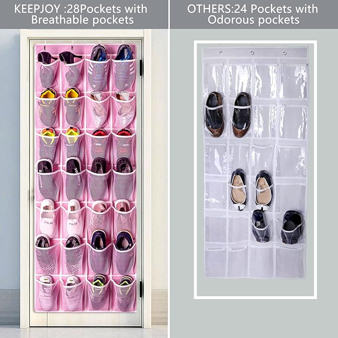 KEEPJOY 28 Pocket Over The Door Shoe Organizer, 2Pack Hanging Shoe Organizer for Door, Hanging Door Shoe Holder Rack with Mesh Pockets Large Size 65 x 23 inch (Pink-2Pack)