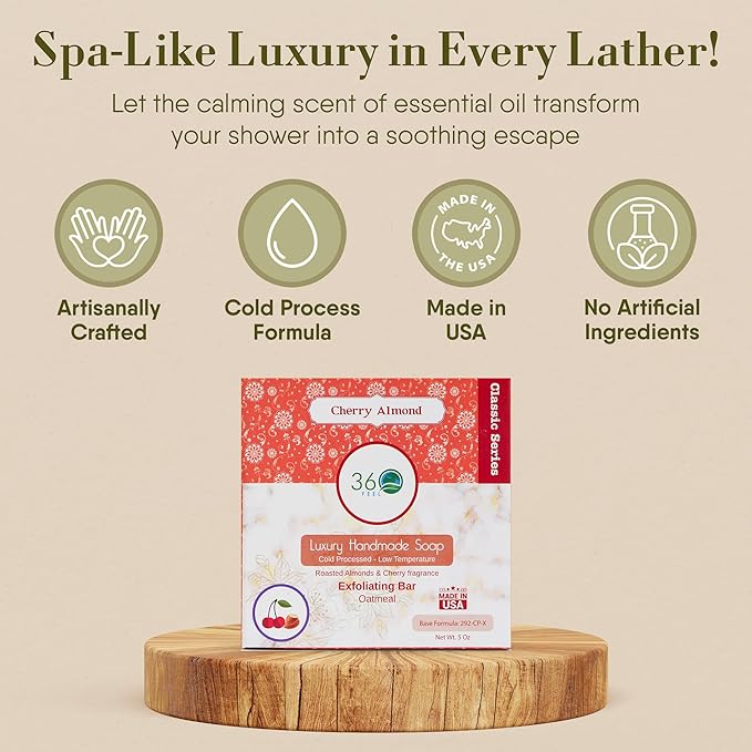 360Feel Cherry Almond Soap - Handcrafted Castile Soap Bar with Soothing Scent - Handmade with Essential Oil - Suitable Gift for Anniversaries, Weddings, and Holiday Stockings - Rich Lather