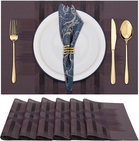 Winknowl Placemats Set of 6, Heat Resistant Stain Resistant Woven Vinyl Insulation Place mats, Durable Washable Elegant Table Mats for Kitchen Dining Table Decor (Geometric Purple)