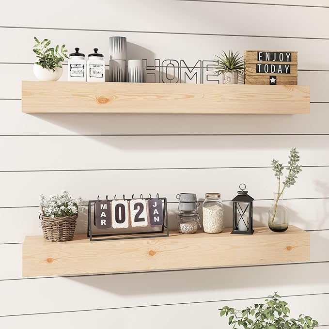 Wall Floating Shelves, Rustic Wood Shelf for Wall Mounted - Wooden Handmade Shelves for Bathroom Kitchen Livingroom - No Stain - DIY(Unfinished, 36 Inch - 2 Pack)