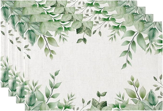 QIYI Boho Placemats Set of 4, 12x18 Inch Linen Fabric Place Mats for Kitchen Dinning, Farmhouse Rustic Cloth Table Mats, Washable Placemat Watercolor Foliage Party Table Décor, Green Leaves Border