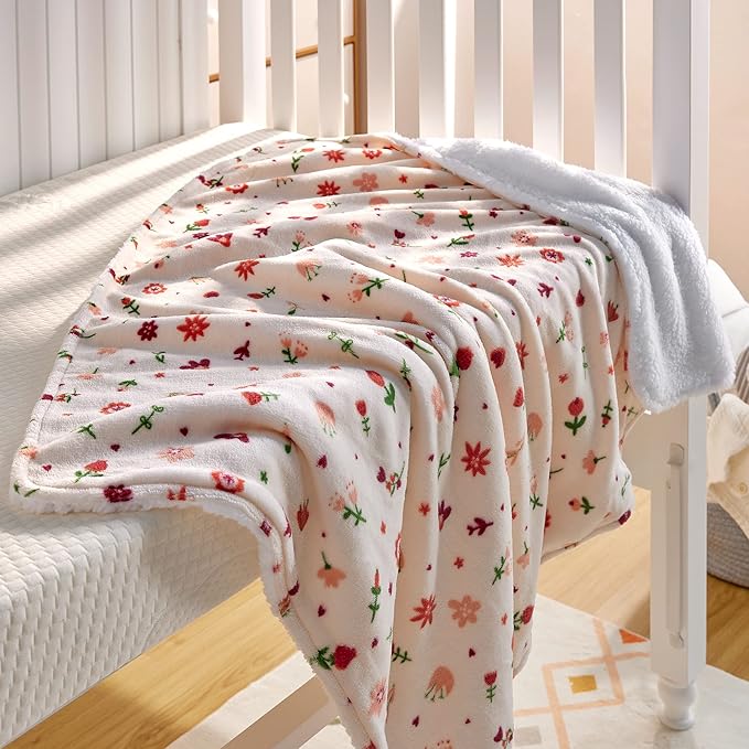DaysU Plush Flannel Sherpa Baby Blanket for Girls Boys, Generous Reversible Soft Micro Fleece Toddler Bed Throw Blanket with Flower Print for Kids and Children, Floral, 50"x60"