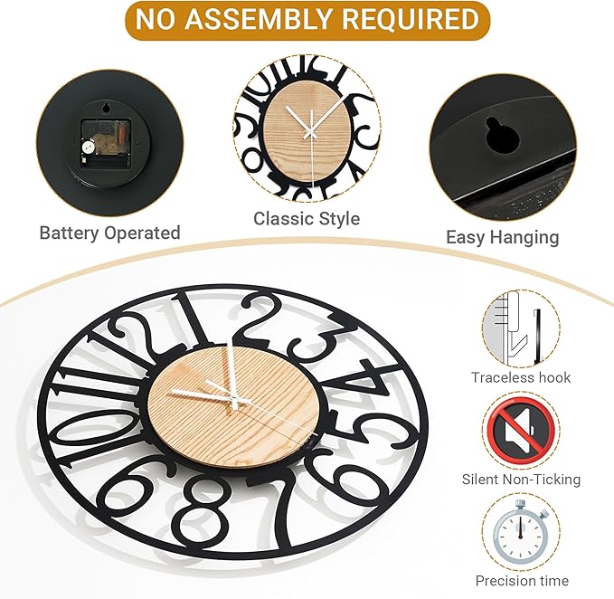 16inch/40cm Wall Clock for Living Room Vintage Silent Classroom Battery Clocks for Bathroom Bedroom Office Cafe Decoration (Wooden Arabic Numerals, 16 inches)